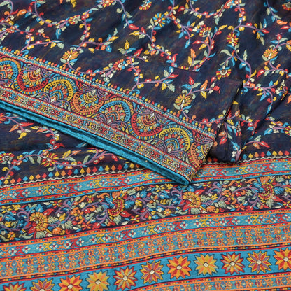 Indian Vintage Blue Dupatta Long Stole Artificial Silk Woven Brocade Scarves Veil Scarf Wrap Hippie Boho Soft Floral Fringes