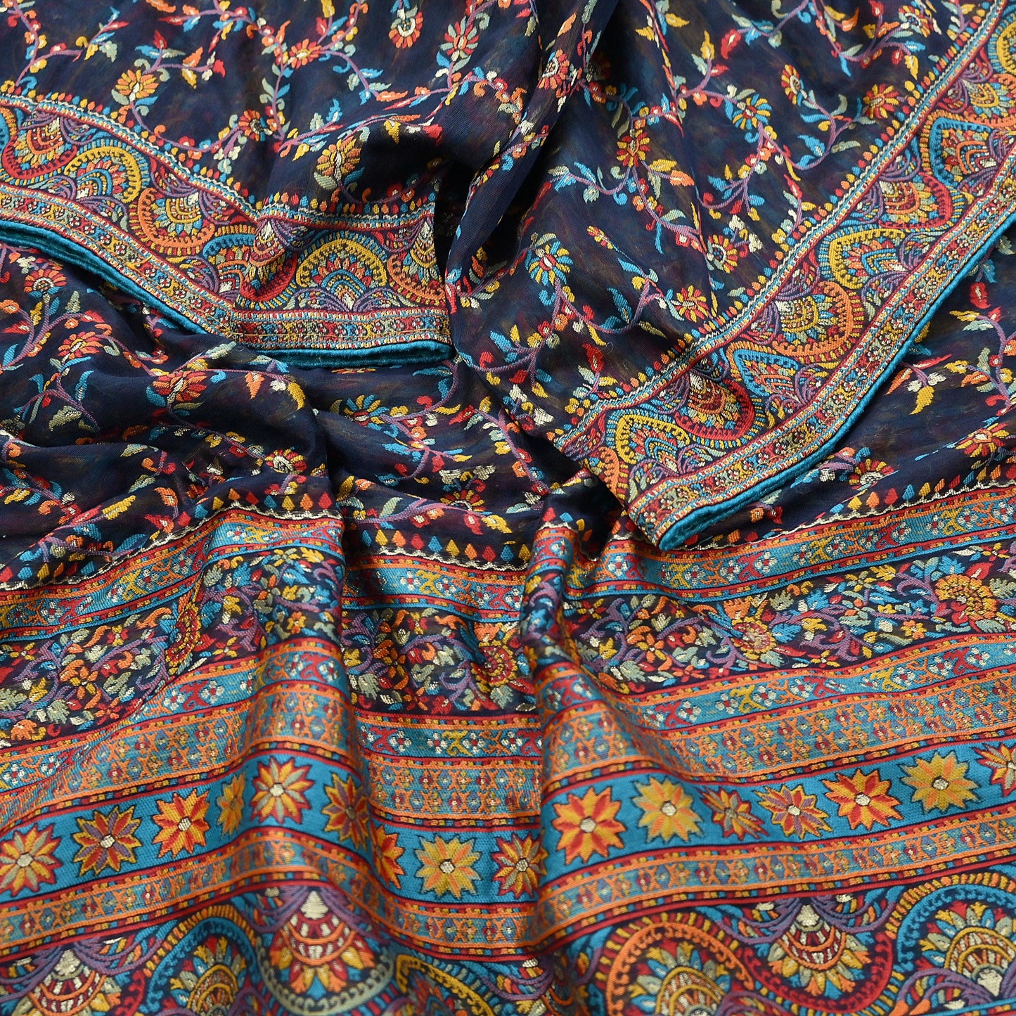 Indian Vintage Blue Dupatta Long Stole Artificial Silk Woven Brocade Scarves Veil Scarf Wrap Hippie Boho Soft Floral Fringes
