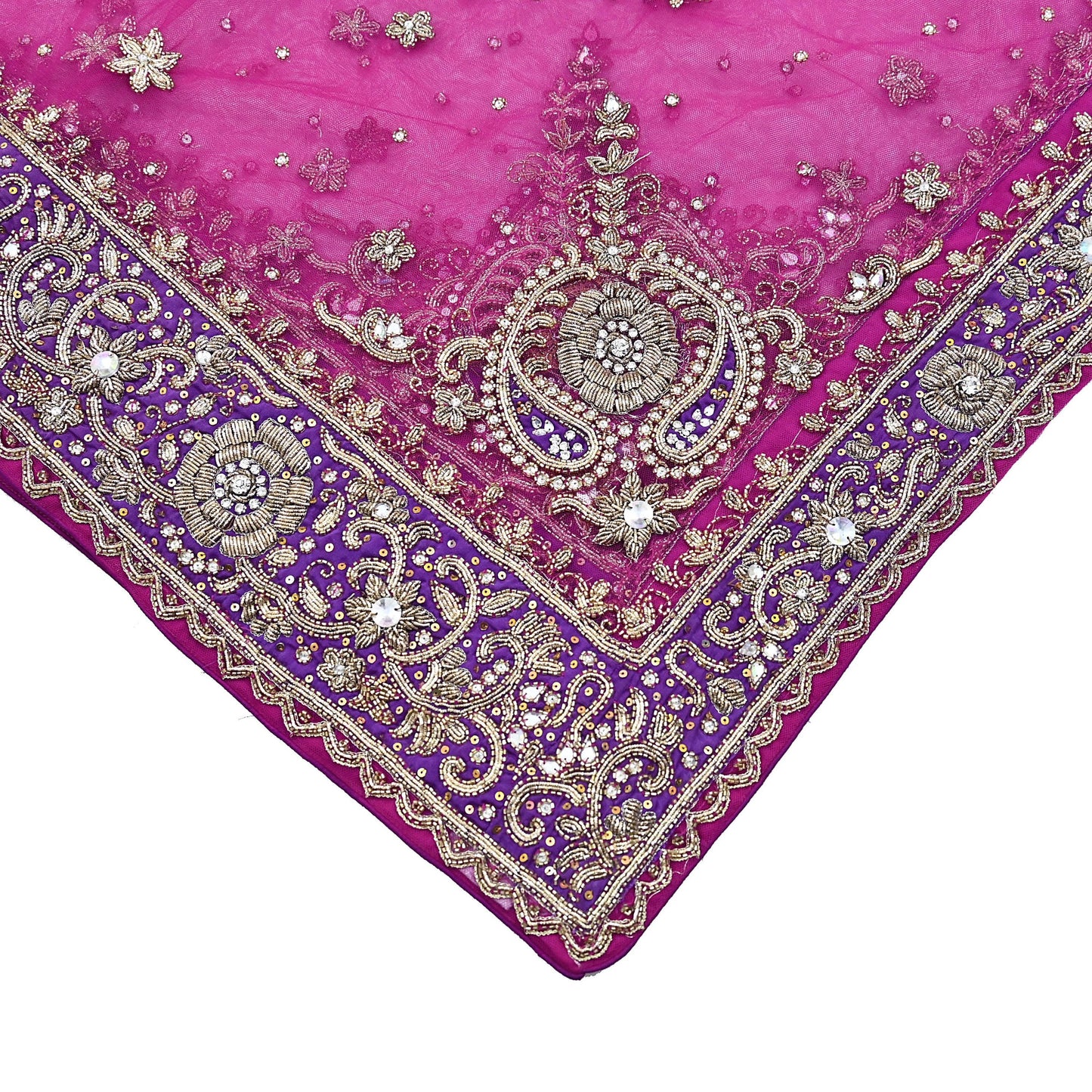 Indian Vintage Heavy Wedding Pink Dupatta Net Mesh Long Stole Hand Embroidered Scarves Golden Zardozi Dabka Zari Stole