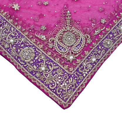 Indian Vintage Heavy Wedding Pink Dupatta Net Mesh Long Stole Hand Embroidered Scarves Golden Zardozi Dabka Zari Stole