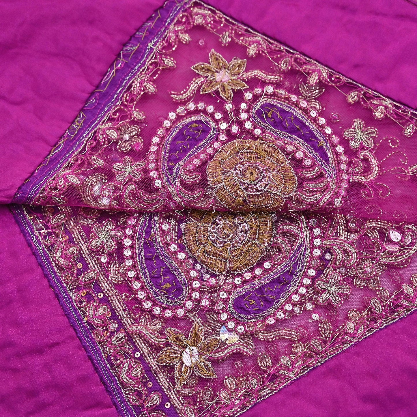 Indian Vintage Heavy Wedding Pink Dupatta Net Mesh Long Stole Hand Embroidered Scarves Golden Zardozi Dabka Zari Stole