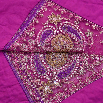 Indian Vintage Heavy Wedding Pink Dupatta Net Mesh Long Stole Hand Embroidered Scarves Golden Zardozi Dabka Zari Stole