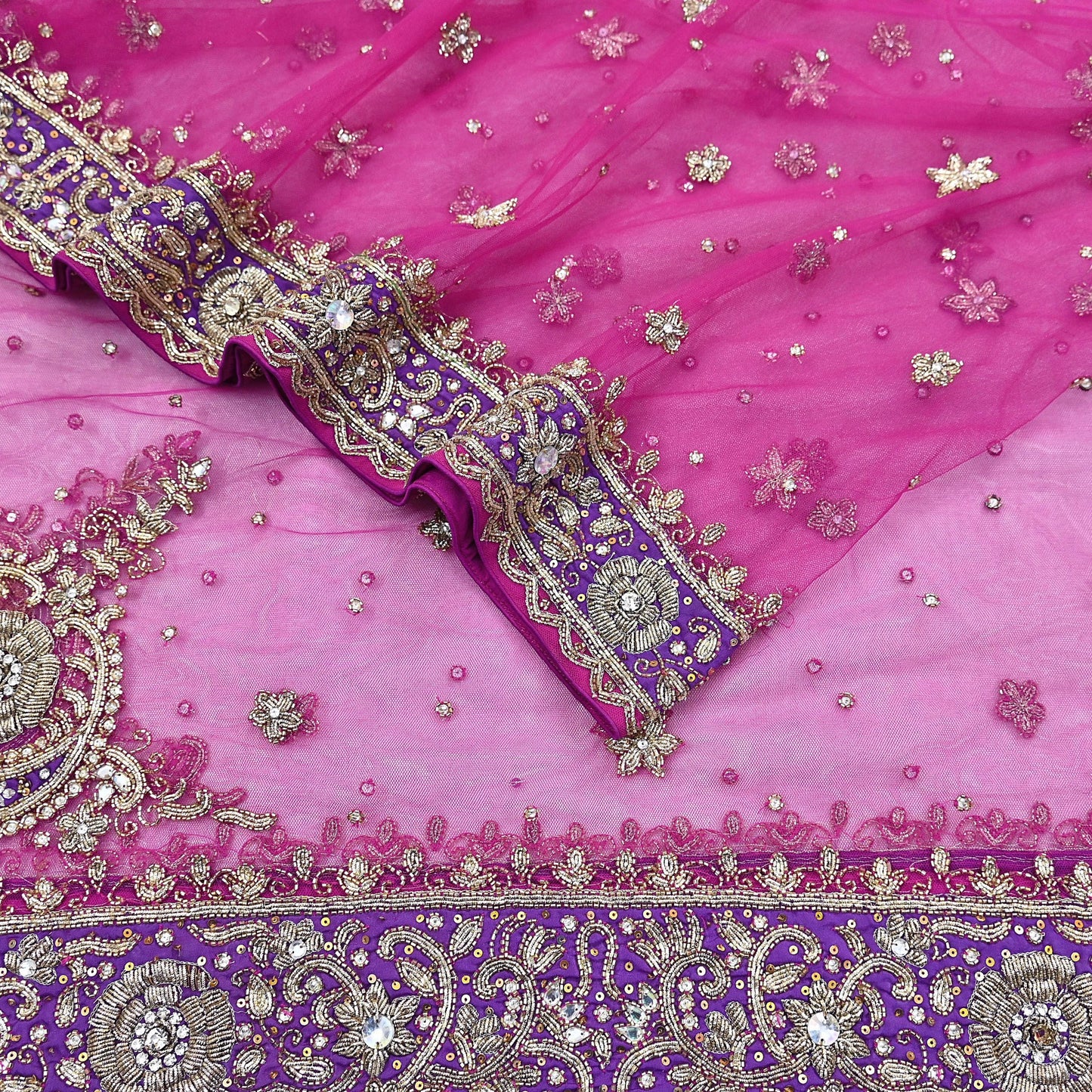 Indian Vintage Heavy Wedding Pink Dupatta Net Mesh Long Stole Hand Embroidered Scarves Golden Zardozi Dabka Zari Stole