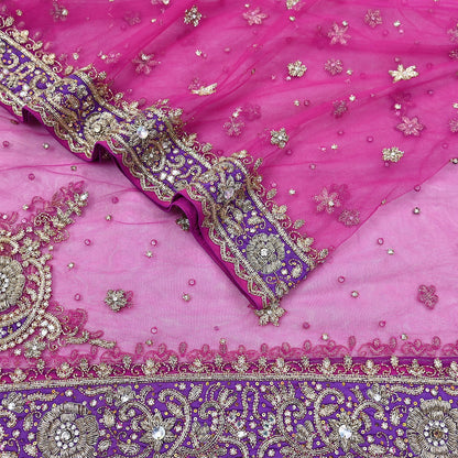 Indian Vintage Heavy Wedding Pink Dupatta Net Mesh Long Stole Hand Embroidered Scarves Golden Zardozi Dabka Zari Stole