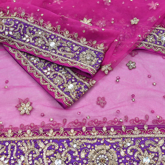 Indian Vintage Heavy Wedding Pink Dupatta Net Mesh Long Stole Hand Embroidered Scarves Golden Zardozi Dabka Zari Stole