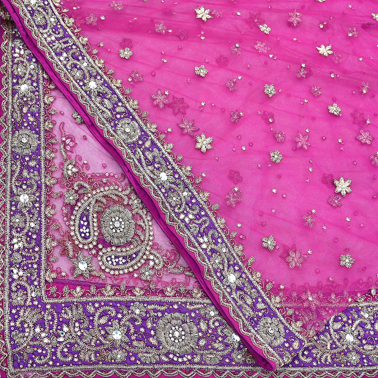 Indian Vintage Heavy Wedding Pink Dupatta Net Mesh Long Stole Hand Embroidered Scarves Golden Zardozi Dabka Zari Stole