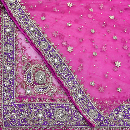 Indian Vintage Heavy Wedding Pink Dupatta Net Mesh Long Stole Hand Embroidered Scarves Golden Zardozi Dabka Zari Stole