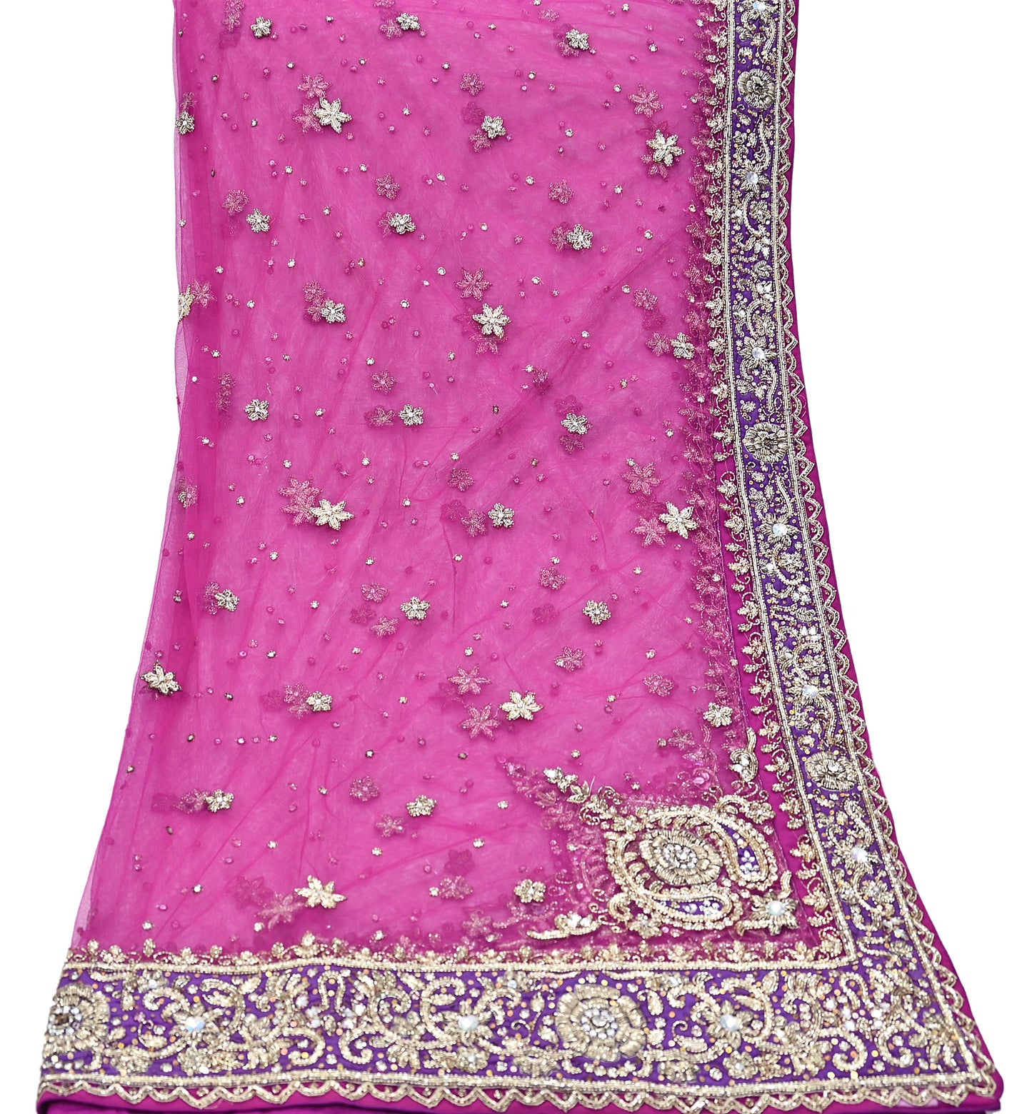 Indian Vintage Heavy Wedding Pink Dupatta Net Mesh Long Stole Hand Embroidered Scarves Golden Zardozi Dabka Zari Stole