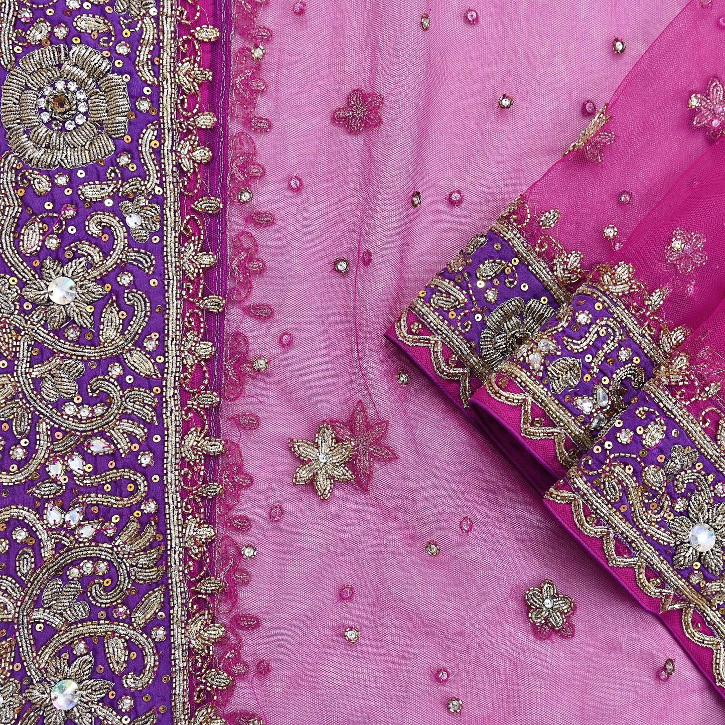 Indian Vintage Heavy Wedding Pink Dupatta Net Mesh Long Stole Hand Embroidered Scarves Golden Zardozi Dabka Zari Stole