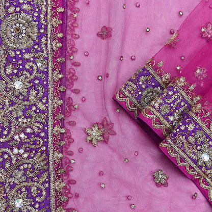 Indian Vintage Heavy Wedding Pink Dupatta Net Mesh Long Stole Hand Embroidered Scarves Golden Zardozi Dabka Zari Stole