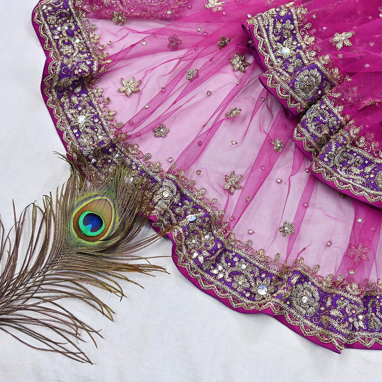 Indian Vintage Heavy Wedding Pink Dupatta Net Mesh Long Stole Hand Embroidered Scarves Golden Zardozi Dabka Zari Stole