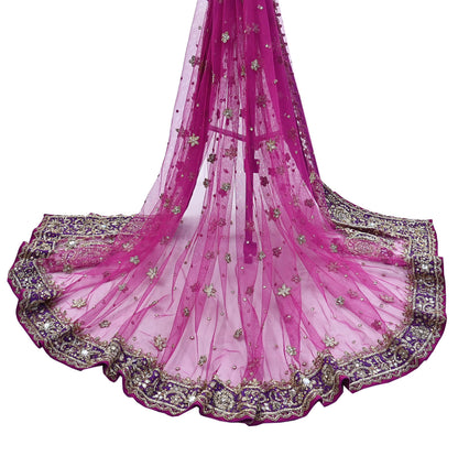 Indian Vintage Heavy Wedding Pink Dupatta Net Mesh Long Stole Hand Embroidered Scarves Golden Zardozi Dabka Zari Stole