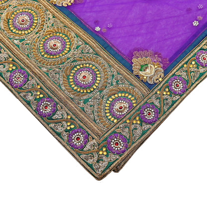 Indian Vintage Heavy Wedding Purple Dupatta Net Mesh Long Stole Hand Embroidered Scarves Golden Zardozi Dabka Zari Stole