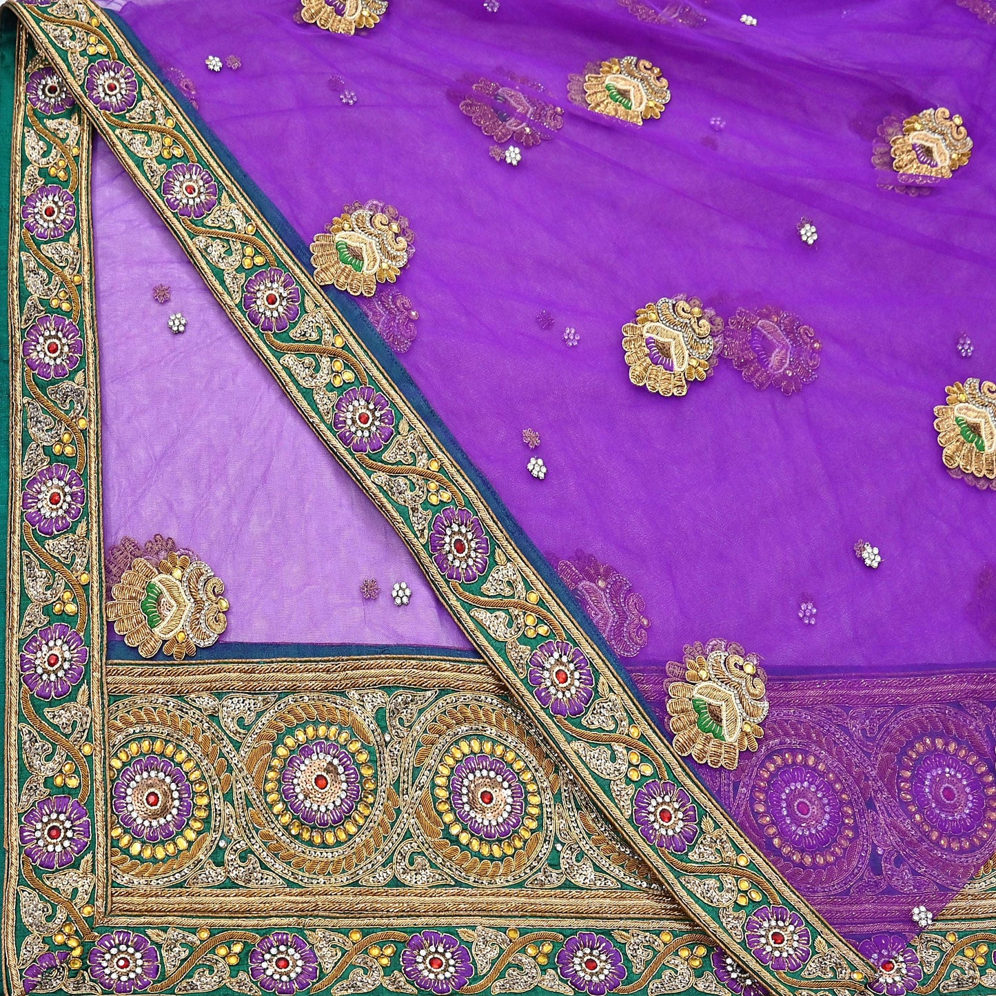 Indian Vintage Heavy Wedding Purple Dupatta Net Mesh Long Stole Hand Embroidered Scarves Golden Zardozi Dabka Zari Stole