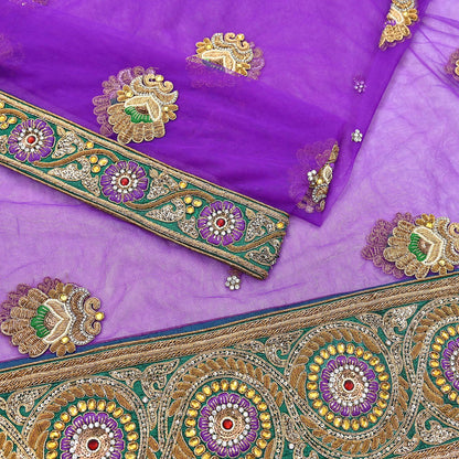 Indian Vintage Heavy Wedding Purple Dupatta Net Mesh Long Stole Hand Embroidered Scarves Golden Zardozi Dabka Zari Stole