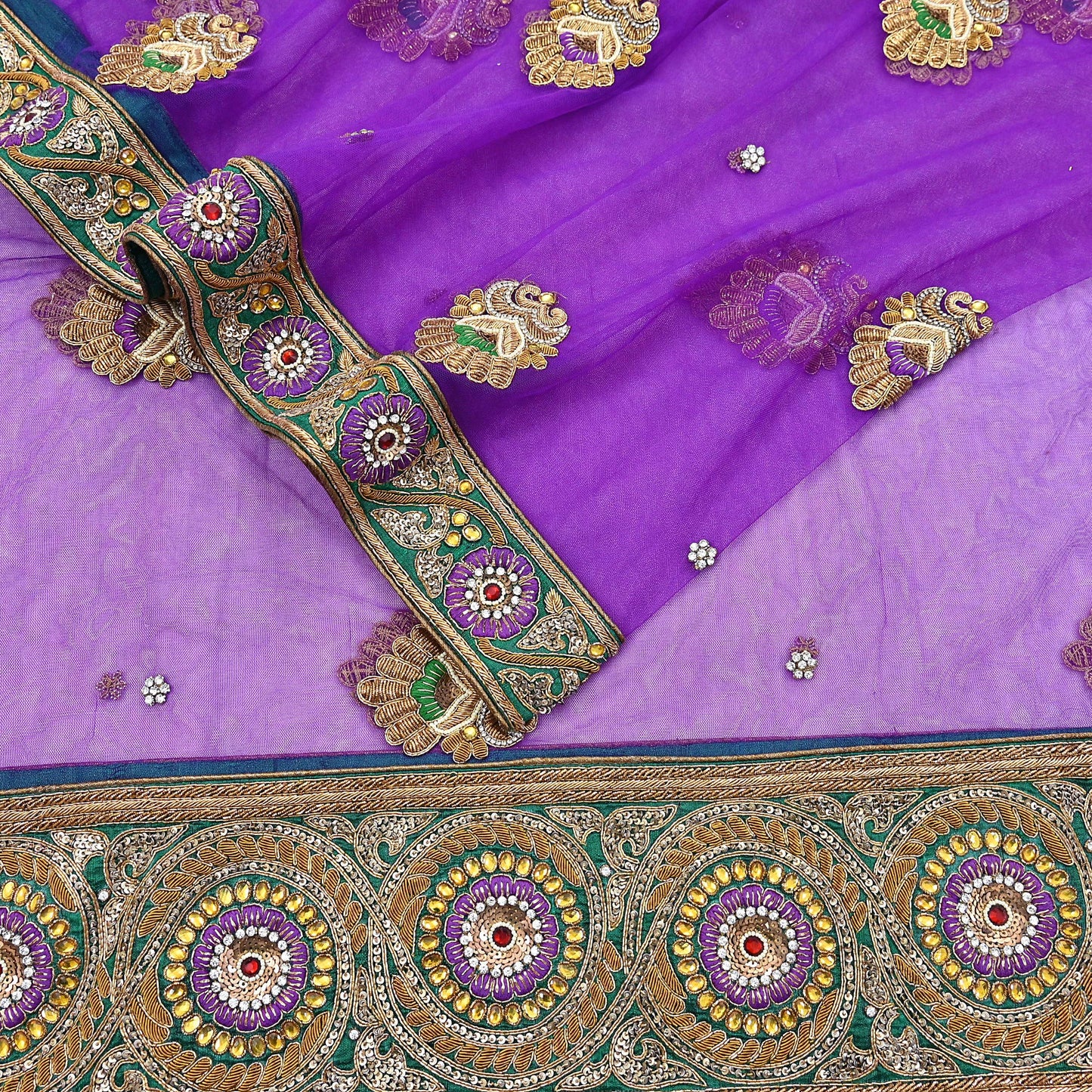 Indian Vintage Heavy Wedding Purple Dupatta Net Mesh Long Stole Hand Embroidered Scarves Golden Zardozi Dabka Zari Stole