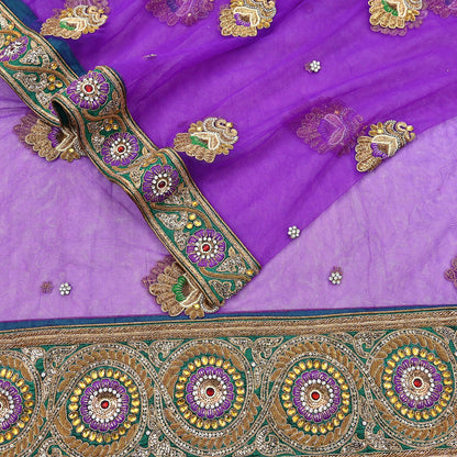 Indian Vintage Heavy Wedding Purple Dupatta Net Mesh Long Stole Hand Embroidered Scarves Golden Zardozi Dabka Zari Stole