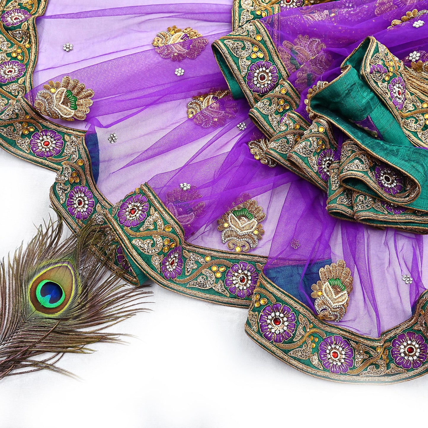 Indian Vintage Heavy Wedding Purple Dupatta Net Mesh Long Stole Hand Embroidered Scarves Golden Zardozi Dabka Zari Stole