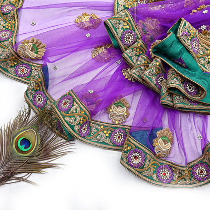 Indian Vintage Heavy Wedding Purple Dupatta Net Mesh Long Stole Hand Embroidered Scarves Golden Zardozi Dabka Zari Stole
