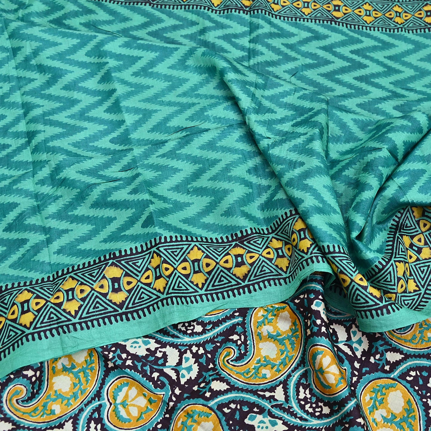 Indian Vintage Saree Green Pure Khadi Silk Handloom Printed Sari Fabric 5yard Ethnic Wear Sari Dressdesigning Quilting Upcycle