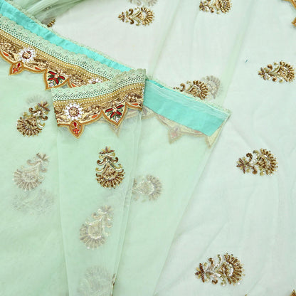 Indian Vintage Sea Green Net Saree | Heavy Hand Embroidery 6 Yards Soft Mesh Fabric Includes Blouse & Ideal for Crafting Wedding Wear