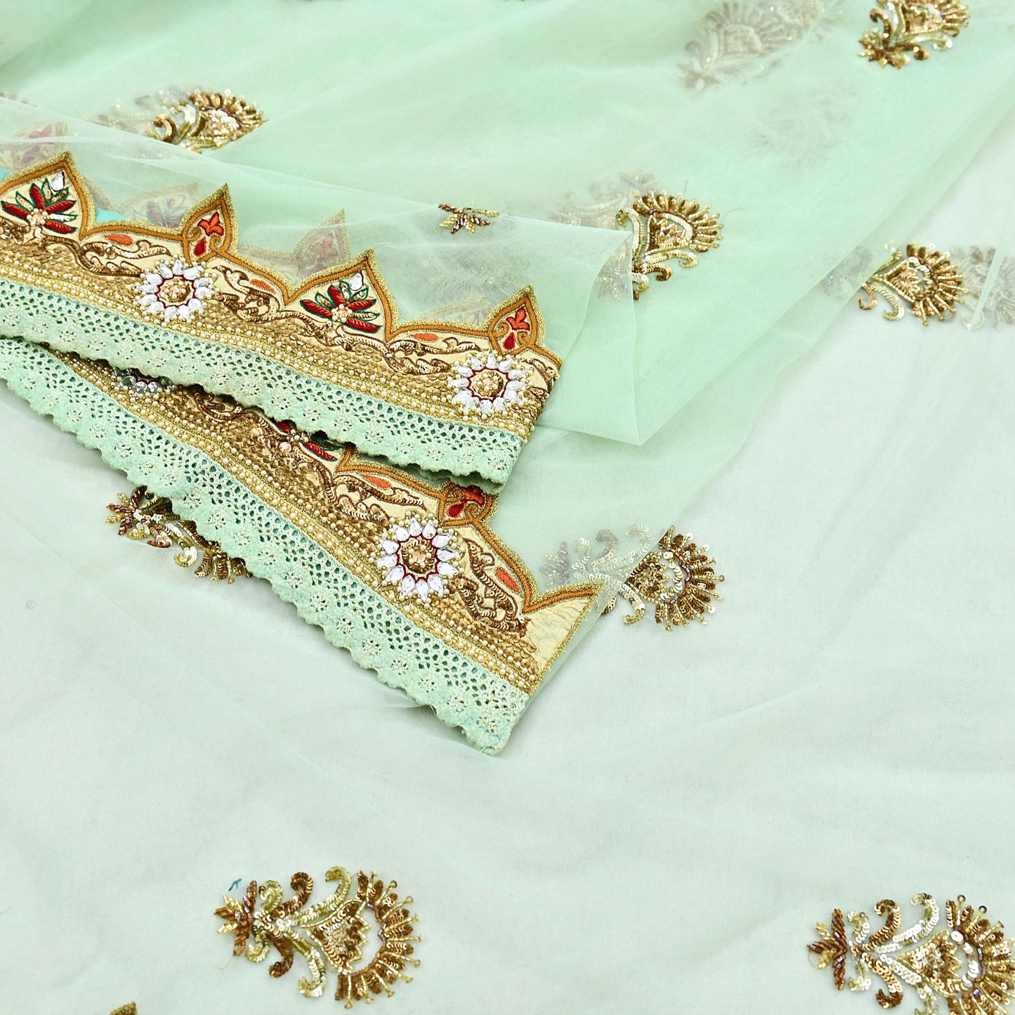 Indian Vintage Sea Green Net Saree | Heavy Hand Embroidery 6 Yards Soft Mesh Fabric Includes Blouse & Ideal for Crafting Wedding Wear