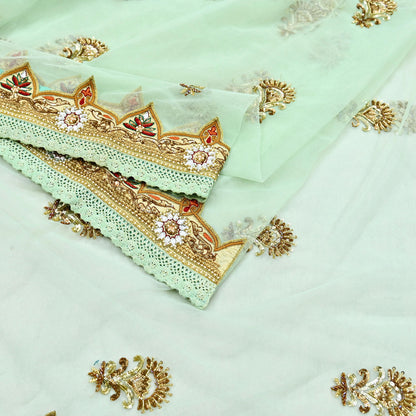 Indian Vintage Sea Green Net Saree | Heavy Hand Embroidery 6 Yards Soft Mesh Fabric Includes Blouse & Ideal for Crafting Wedding Wear