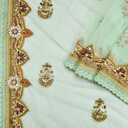 Indian Vintage Sea Green Net Saree | Heavy Hand Embroidery 6 Yards Soft Mesh Fabric Includes Blouse & Ideal for Crafting Wedding Wear