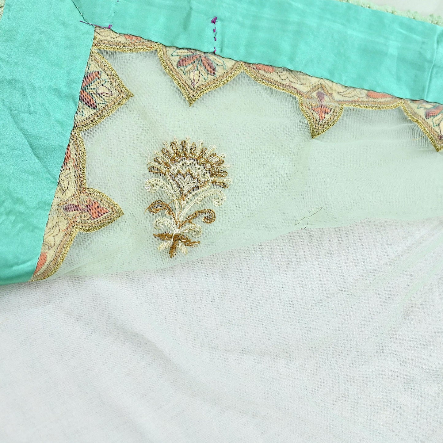 Indian Vintage Sea Green Net Saree | Heavy Hand Embroidery 6 Yards Soft Mesh Fabric Includes Blouse & Ideal for Crafting Wedding Wear