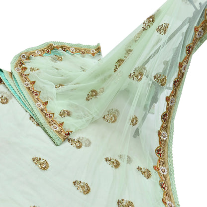 Indian Vintage Sea Green Net Saree | Heavy Hand Embroidery 6 Yards Soft Mesh Fabric Includes Blouse & Ideal for Crafting Wedding Wear
