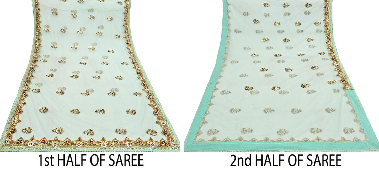 Indian Vintage Sea Green Net Saree | Heavy Hand Embroidery 6 Yards Soft Mesh Fabric Includes Blouse & Ideal for Crafting Wedding Wear