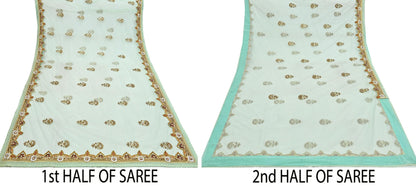 Indian Vintage Sea Green Net Saree | Heavy Hand Embroidery 6 Yards Soft Mesh Fabric Includes Blouse & Ideal for Crafting Wedding Wear