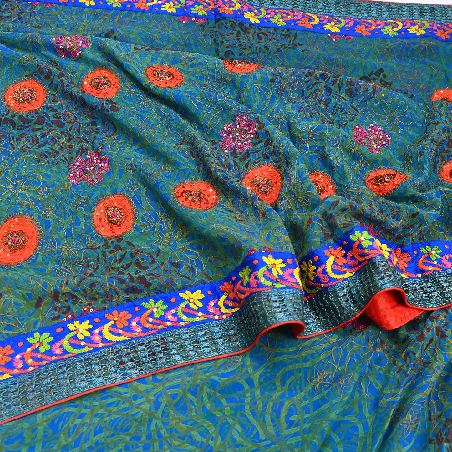 Indian Vintage Heavy Sarees Green & Blue Pure Georgette Silk Hand Embroidered Sari Fabric 6Yd Sewing Ethnic Wedding saree with blouse fabric