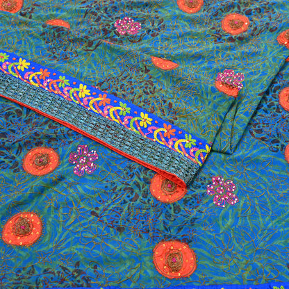 Indian Vintage Heavy Sarees Green & Blue Pure Georgette Silk Hand Embroidered Sari Fabric 6Yd Sewing Ethnic Wedding saree with blouse fabric