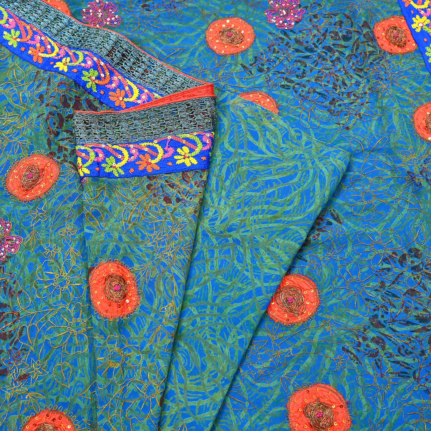 Indian Vintage Heavy Sarees Green & Blue Pure Georgette Silk Hand Embroidered Sari Fabric 6Yd Sewing Ethnic Wedding saree with blouse fabric