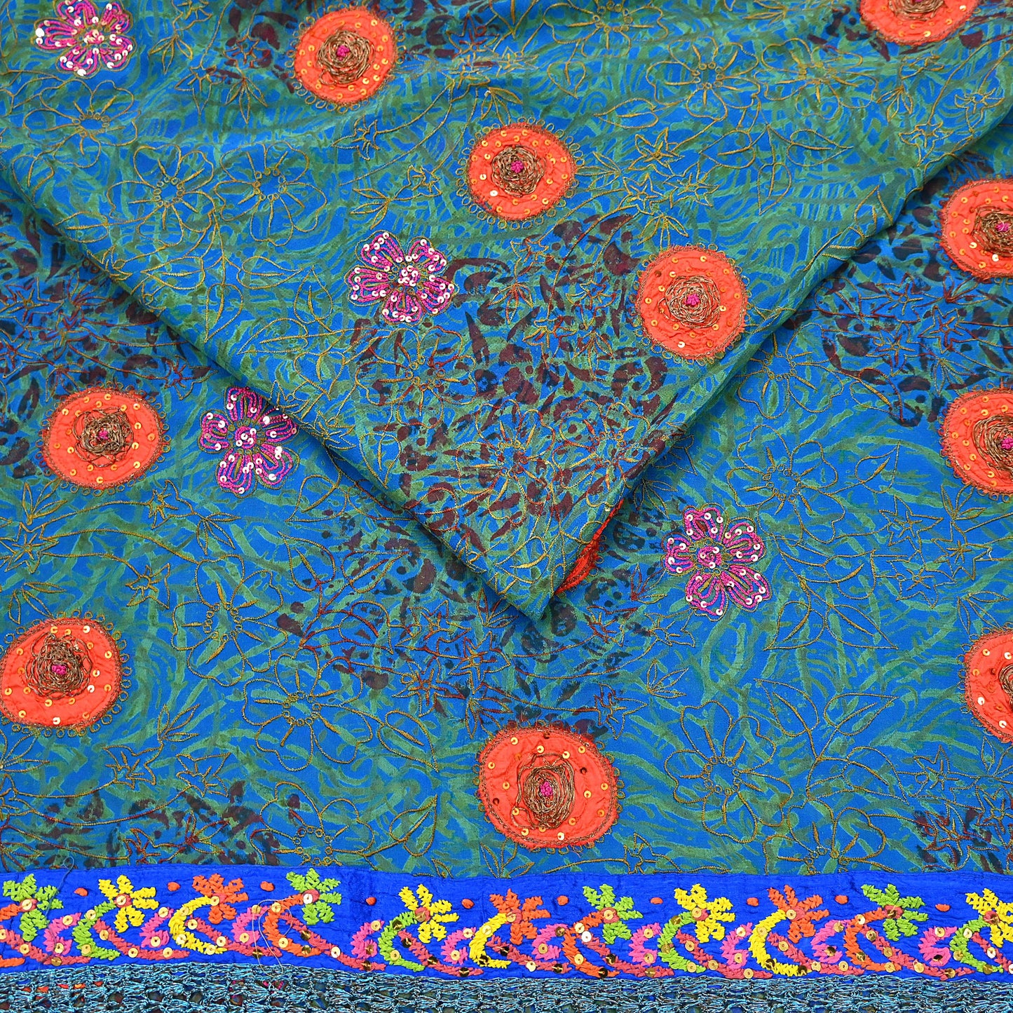 Indian Vintage Heavy Sarees Green & Blue Pure Georgette Silk Hand Embroidered Sari Fabric 6Yd Sewing Ethnic Wedding saree with blouse fabric