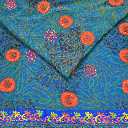 Indian Vintage Heavy Sarees Green & Blue Pure Georgette Silk Hand Embroidered Sari Fabric 6Yd Sewing Ethnic Wedding saree with blouse fabric