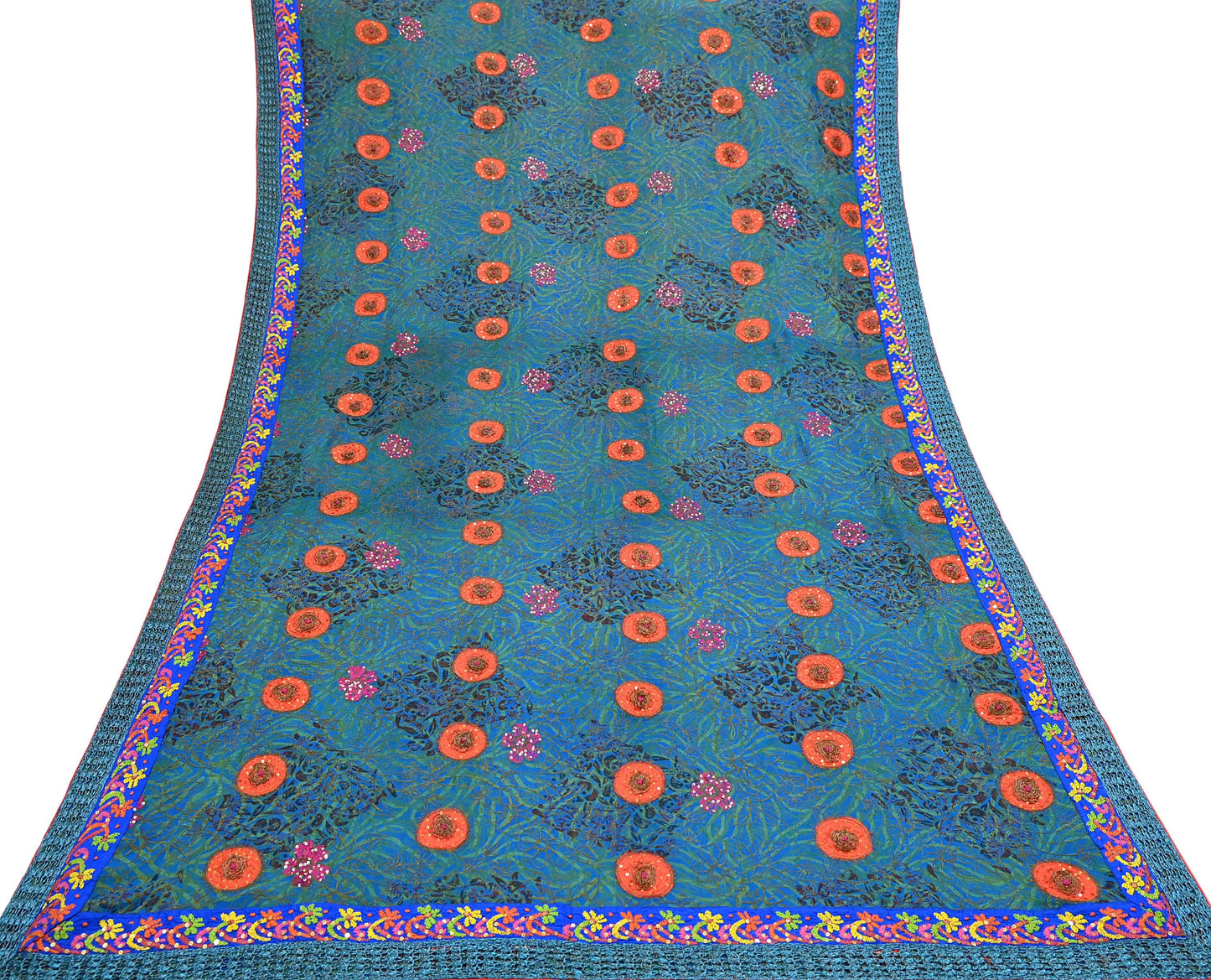 Indian Vintage Heavy Sarees Green & Blue Pure Georgette Silk Hand Embroidered Sari Fabric 6Yd Sewing Ethnic Wedding saree with blouse fabric