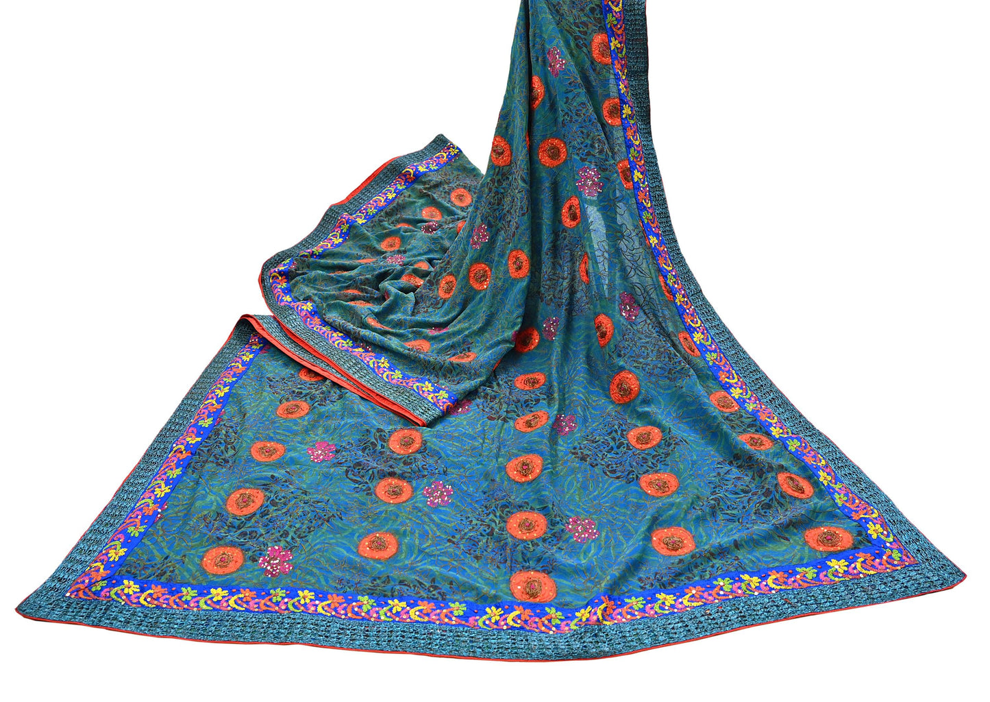 Indian Vintage Heavy Sarees Green & Blue Pure Georgette Silk Hand Embroidered Sari Fabric 6Yd Sewing Ethnic Wedding saree with blouse fabric