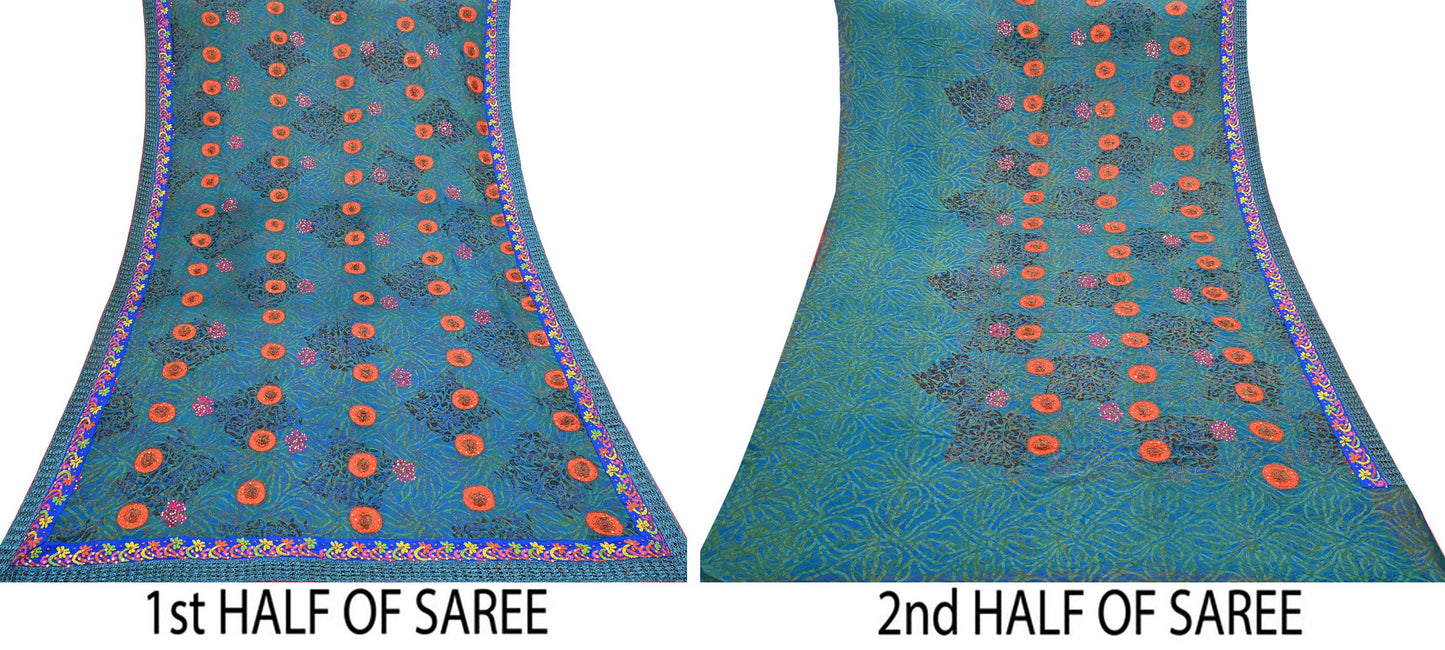 Indian Vintage Heavy Sarees Green & Blue Pure Georgette Silk Hand Embroidered Sari Fabric 6Yd Sewing Ethnic Wedding saree with blouse fabric
