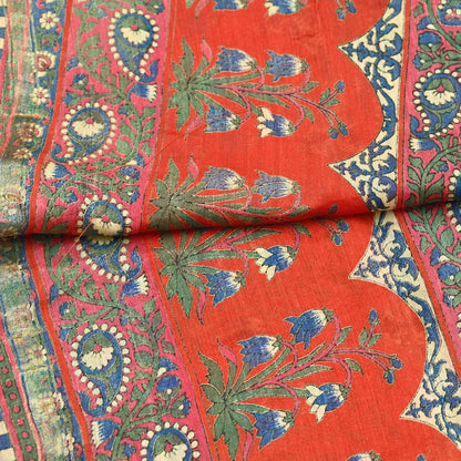 Indian Vintage Orange Dupatta Long Stole Block Print Pure Chanderi Silk Scarves Veil Paisley Upcycle Party wear hijab Zari Border