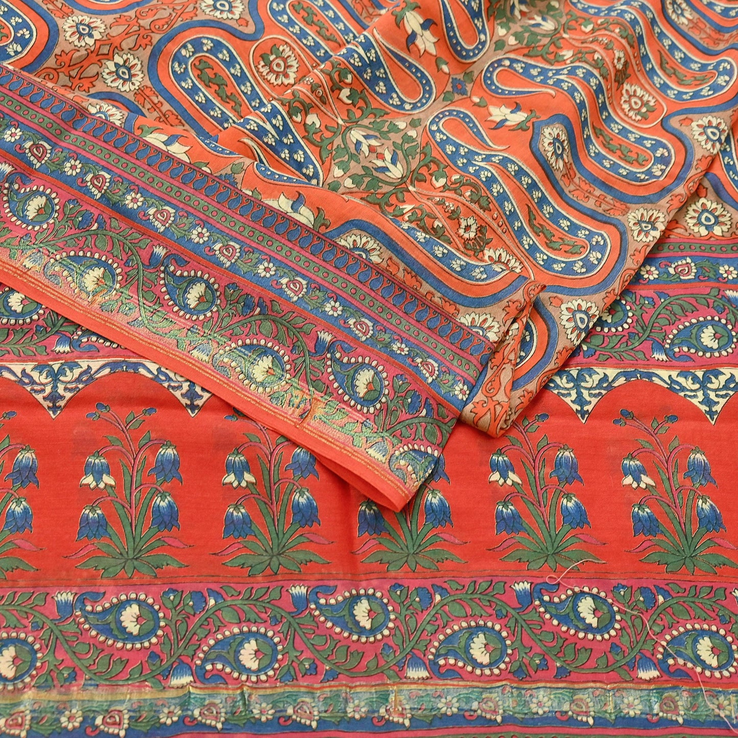 Indian Vintage Orange Dupatta Long Stole Block Print Pure Chanderi Silk Scarves Veil Paisley Upcycle Party wear hijab Zari Border