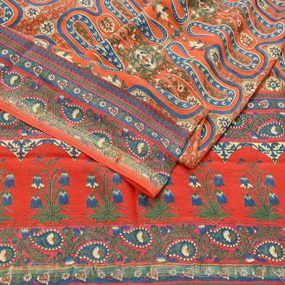 Indian Vintage Orange Dupatta Long Stole Block Print Pure Chanderi Silk Scarves Veil Paisley Upcycle Party wear hijab Zari Border