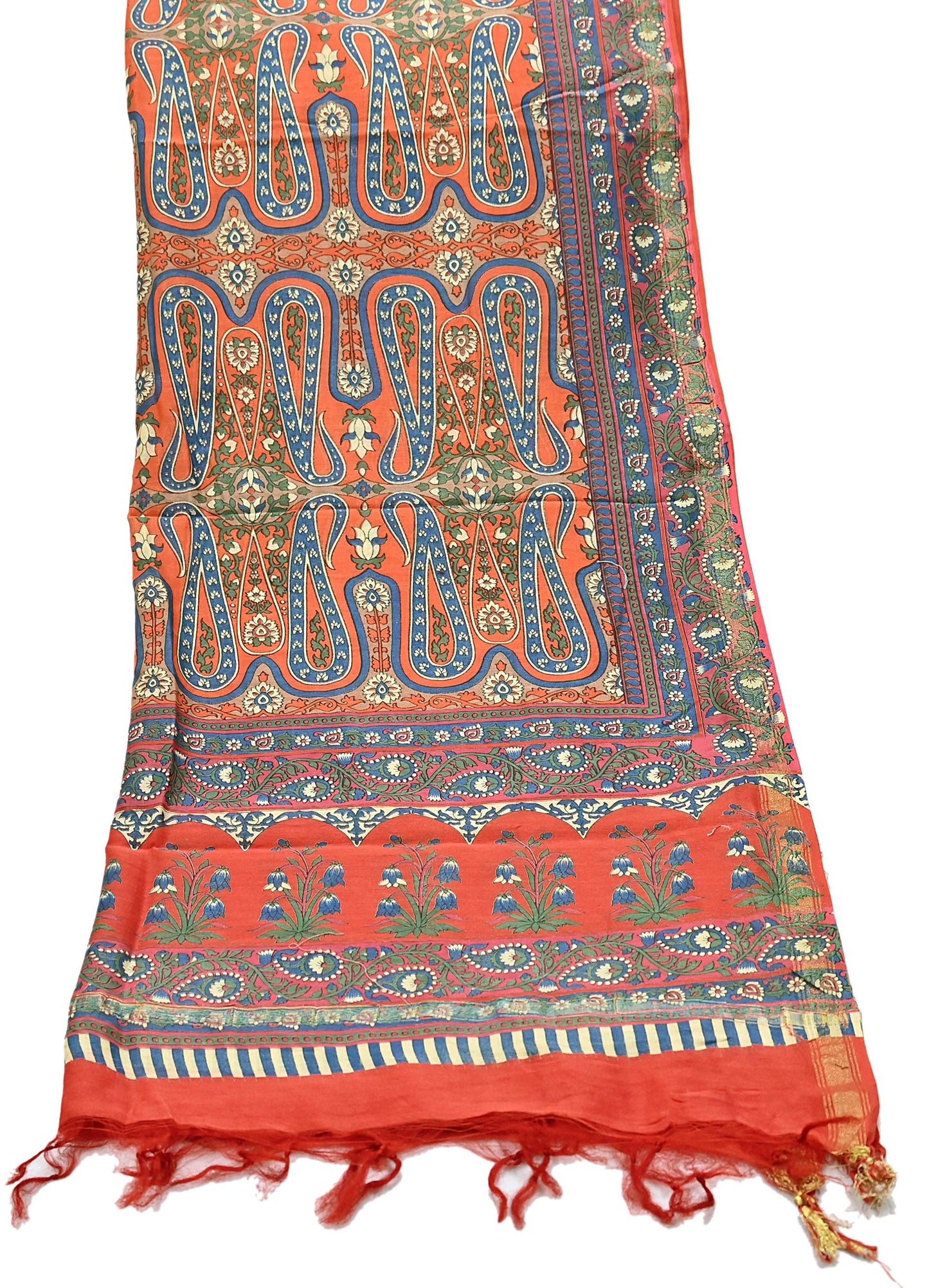 Indian Vintage Orange Dupatta Long Stole Block Print Pure Chanderi Silk Scarves Veil Paisley Upcycle Party wear hijab Zari Border