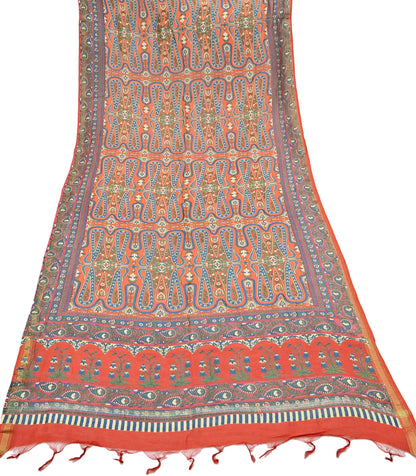 Indian Vintage Orange Dupatta Long Stole Block Print Pure Chanderi Silk Scarves Veil Paisley Upcycle Party wear hijab Zari Border