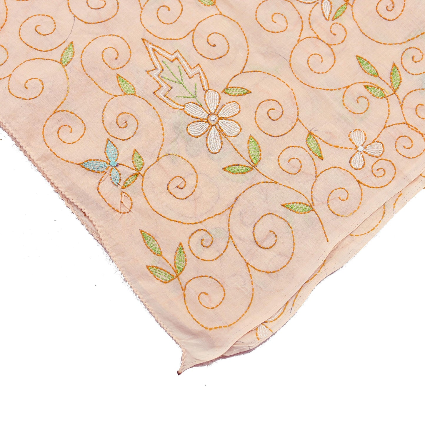 Indian Vintage Dupatta Peach Long Stole Pure Cotton Hand Embroidered Kantha Scarves Veil Scarf Wrap For Women's