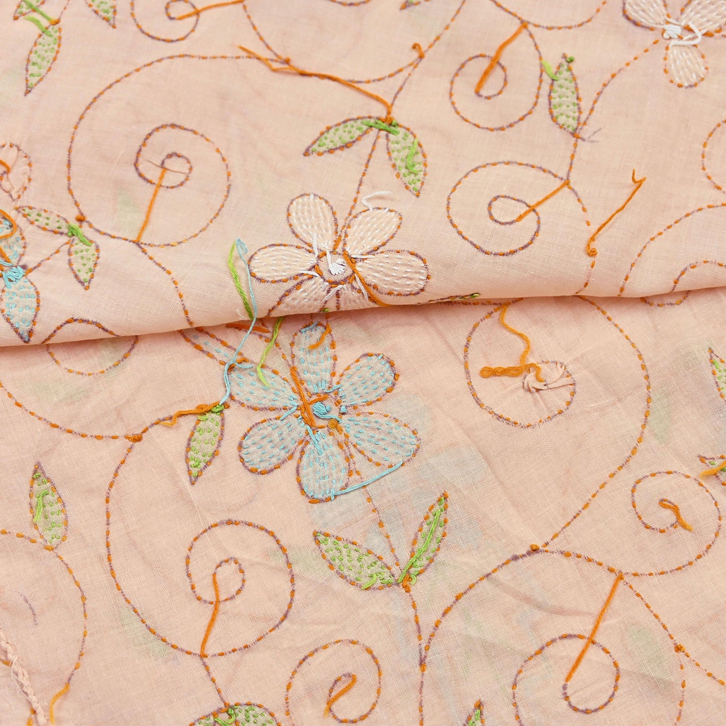 Indian Vintage Dupatta Peach Long Stole Pure Cotton Hand Embroidered Kantha Scarves Veil Scarf Wrap For Women's