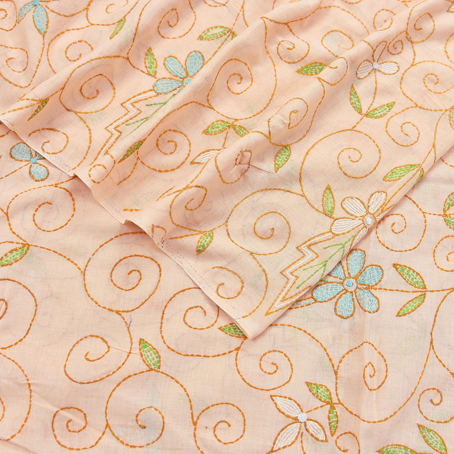 Indian Vintage Dupatta Peach Long Stole Pure Cotton Hand Embroidered Kantha Scarves Veil Scarf Wrap For Women's