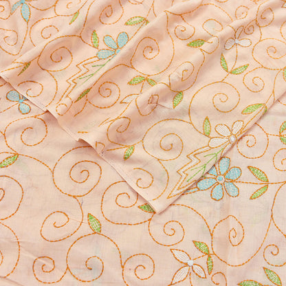 Indian Vintage Dupatta Peach Long Stole Pure Cotton Hand Embroidered Kantha Scarves Veil Scarf Wrap For Women's