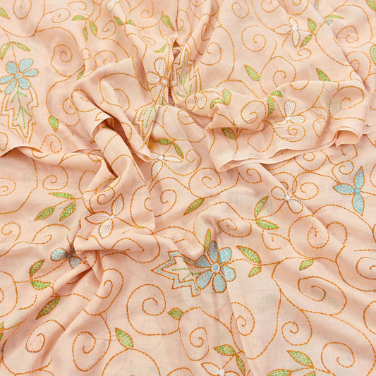 Indian Vintage Dupatta Peach Long Stole Pure Cotton Hand Embroidered Kantha Scarves Veil Scarf Wrap For Women's